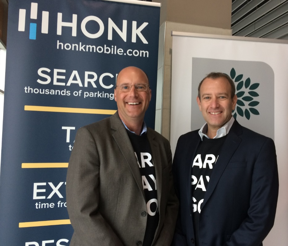 Mayor Matt Brown and HonkMobile CEO Michael Back celebrate the launch of the app in London on May 4, 2017.