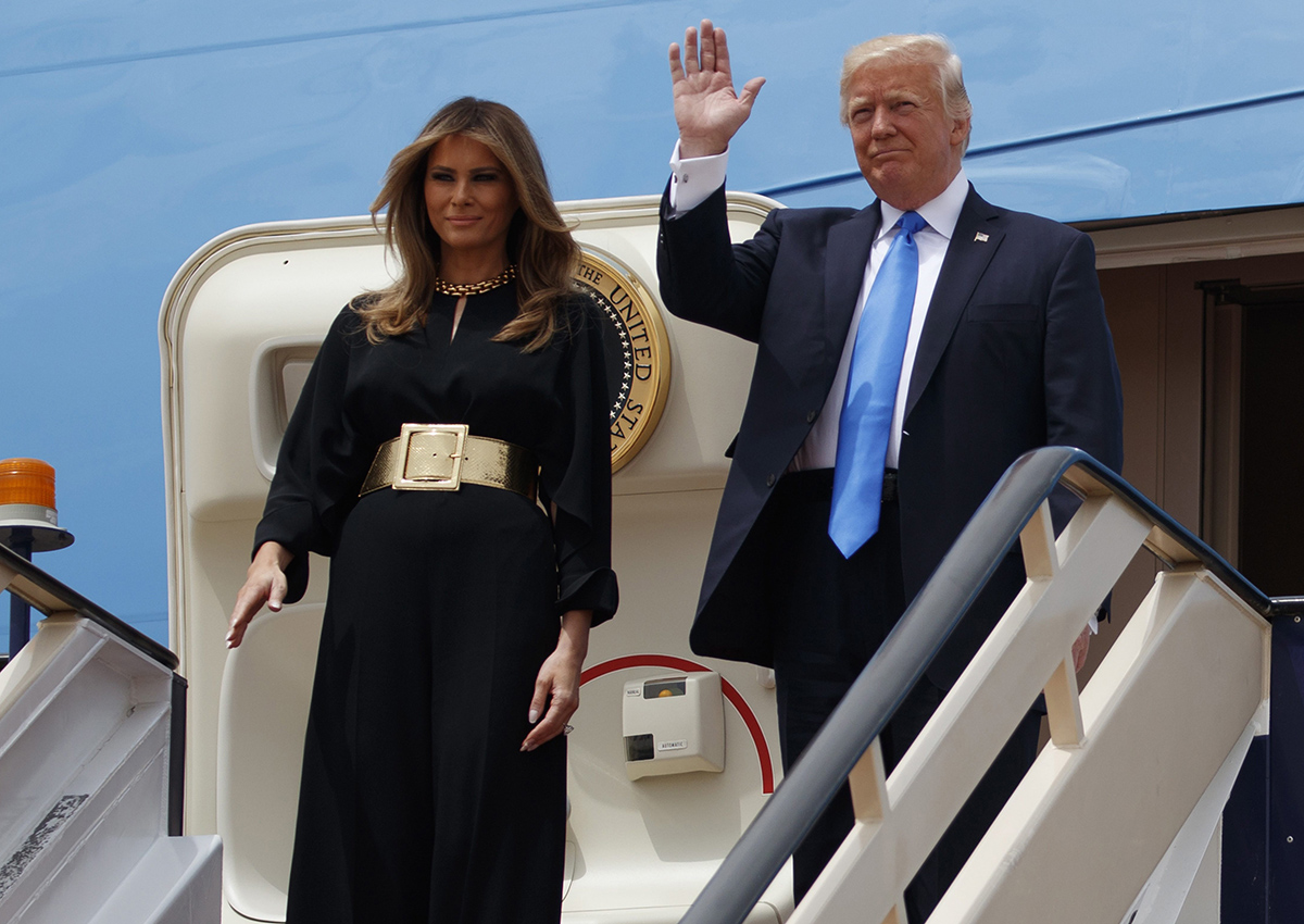 President Donald Trump and first lady Melania arrive for a welcome ceremony at the Royal Terminal of King Khalid International Airport, Saturday, May 20, 2017, in Riyadh.