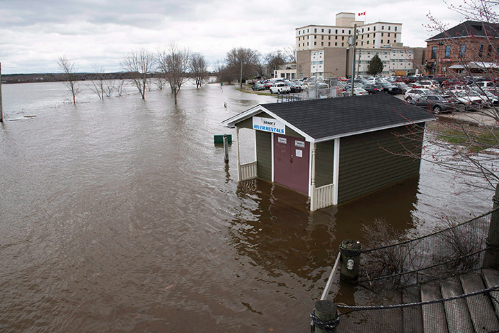 Items like this building on the green in downtown Fredericton are surrounded or covered by water as the St. John River is above flood stage in Fredericton, N.B., on Wednesday, May 5, 2017.