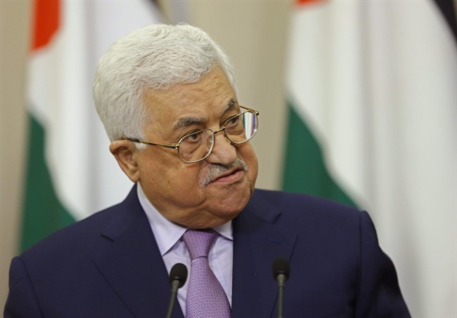 FILE - In a Thursday, May 11, 2017 file photo, Palestinian President Mahmoud Abbas speaks at a joint press conference with Russian President Vladimir Putin at the Bocharov Ruchei residence in the Black Sea resort of Sochi, Russia. 
