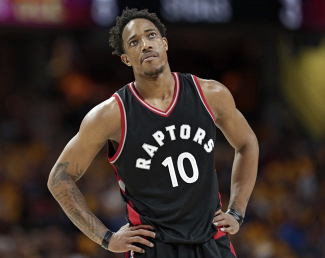 Toronto Raptors’ DeMar DeRozan looks up in the second half in Game 1 of a second-round NBA basketball playoff series against the Cleveland Cavaliers, Monday, May 1, 2017, in Cleveland. The Cavaliers won 116-105.