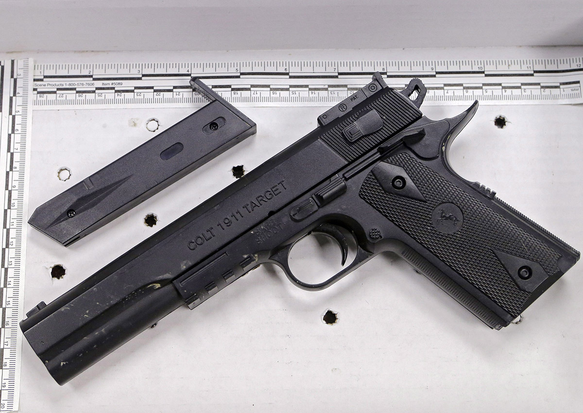  In this Nov. 26, 2014, file photo, a fake handgun resembling a Colt 1911 pistol, taken from Tamir Rice after he was fatally shot by Cleveland police, is displayed after a news conference in Cleveland.
