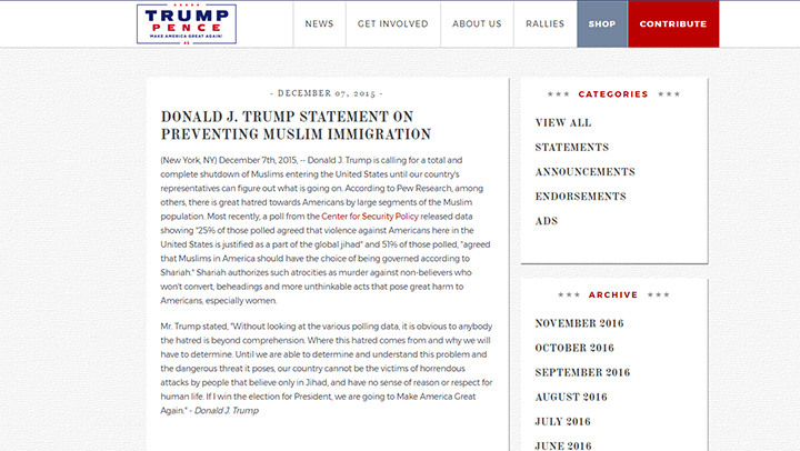 Donald Trump’s campaign removes ‘preventing Muslim immigration’ statement from website - image