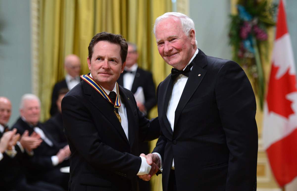 Governor General David Johnston presents Michael J. Fox with the Lifetime Artistic Achievement (Broadcasting) award during the Governor General’s Performing Arts Awards ceremony at Rideau Hall in Ottawa on Wednesday, June 28, 2017.