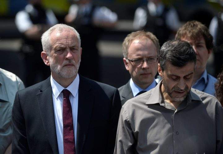 Jeremy Corbyn, the leader of Britain’s opposition Labour Party and the local Member of Parliament, stands next to Mohammed Kozbar, general secretary of the Finsbury Park Mosque on June 19.