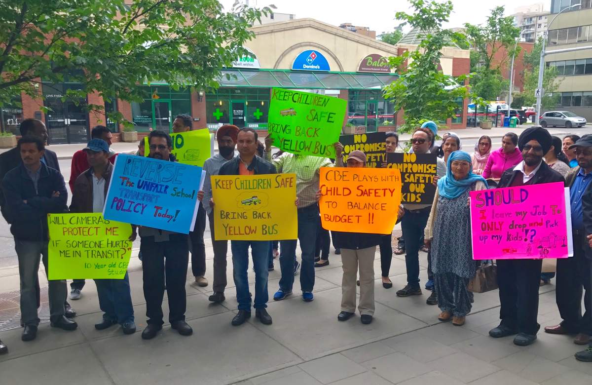 Parents protest Calgary Board of Education decision to remove dedicated busing for students attending alternative programs.