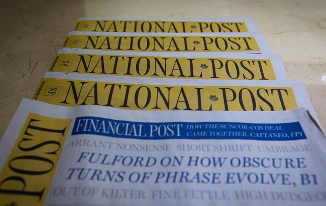 Postmedia-owned newspaper National Post are displayed. Postmedia is reportedly putting its relationship with Mainstreet Research “on hold.”.