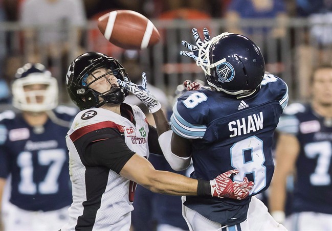 Toronto Argonauts Kenny Shaw (8) has a pass broken up by Ottawa Redblacks' Antoine Pruneau during the second half of CFL football action in Toronto, Wednesday July 13, 2016.