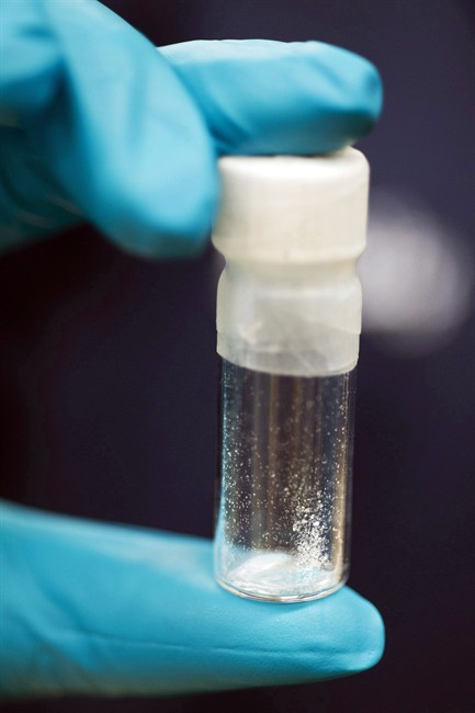 In this Aug. 9, 2016, file photo, a vial containing 2mg of fentanyl, which will kill a human if ingested into the body, is displayed at the Drug Enforcement Administration (DEA) Special Testing and Research Laboratory in Sterling, Va. New national figures released by public health officials show an estimated 2,458 people died in Canada from opioid-related overdoses in 2016.