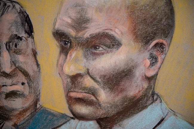 A judge handed down his verdict in the case of former ski coach Bertrand Charest, who stood trial earlier this year on 57 charges, including sexual assault and breach of trust, in connection with 12 alleged victims between the ages of 12 and 19. Charest is seen on a court drawing during a bail hearing in St-Jerome, Que., Monday, March 16, 2015.