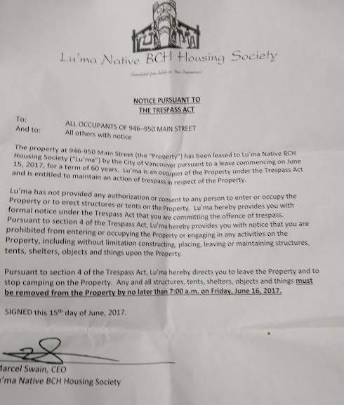 The trespass notice that housing activists say campers at the “Ten-year tent city” have been served.
