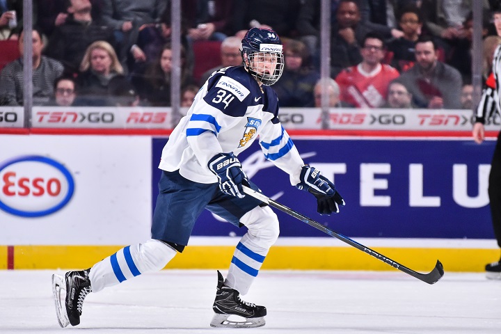 Kristian Vesalainen of Team Finland skates during a 2017 IIHF World Junior Championship preliminary round game against Team Sweden on December 29, 2016.
