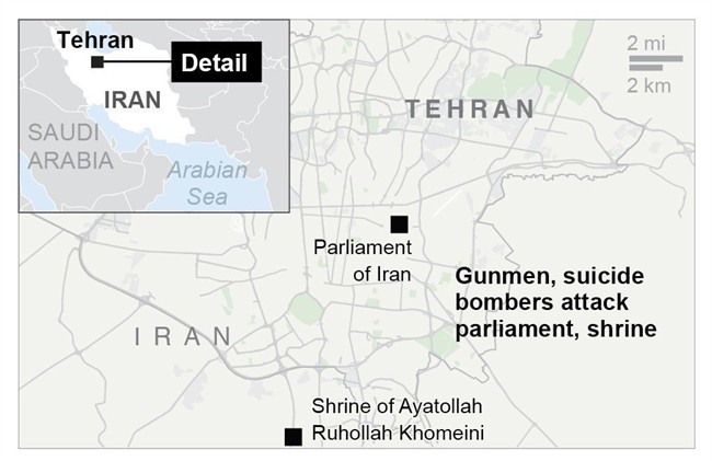 Map locates Parliament of Iran and Shrine of Ayatollah Ruhollah Khomeini, Iran; 2c x 2 inches; 96.3 mm x 50 mm;
