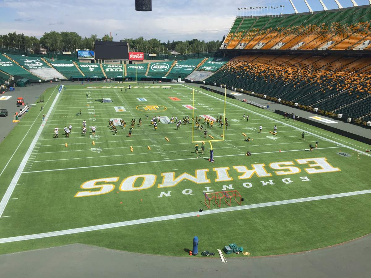 The Edmonton Eskimos hold their first practice of the regular season on The Brick Field at Commonwealth Stadium.
