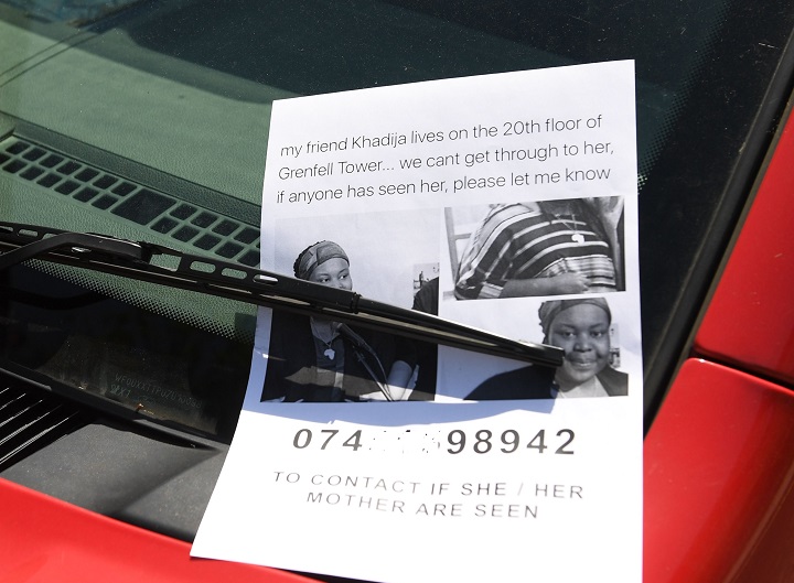 A flyer asking for help locating a missing person after the fire atGrenfell Tower, in London on June 14, 2017.