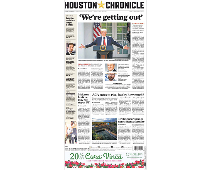 Newspaper front pages day after Donald Trump pulls U.S. out of Paris climate agreement - image