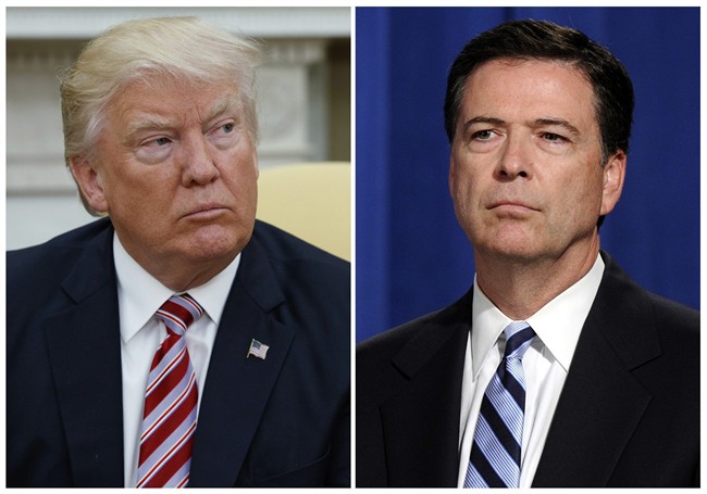 In this combination photo, President Donald Trump, left, appears in the Oval Office of the White House in Washington on May 10, 2017, and FBI Director James Comey appears at a news conference in Washington on June 30, 2014.