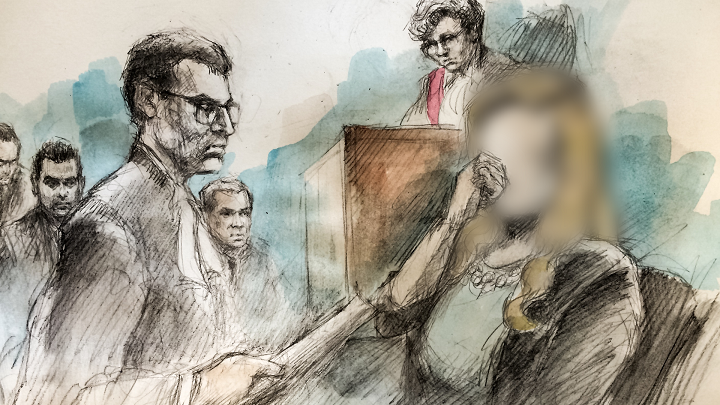In this artist's sketch, Crown attorney Ted Ofiara (left foreground) questions the complainant (right) in front of Justice Anne Molloy at the sexual assault trial for Toronto police officers (background) Joshua Cabero, Sameer Kara and Leslie Nyznik in Toronto on June 7, 2017.