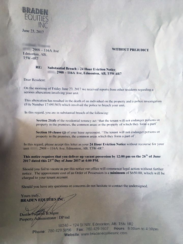 Eviction notice delivered to Ashton Cardinal’s mother hours after he was murdered.