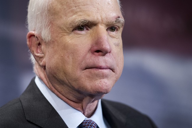 Sen. John McCain, R-Ariz., speaks to reporters at the Capitol as the Republican-controlled Senate unable to fulfill their political promise to repeal and replace "Obamacare" because of opposition and wavering within the GOP ranks, on Capitol Hill in Washington, Thursday, July 27, 2017.