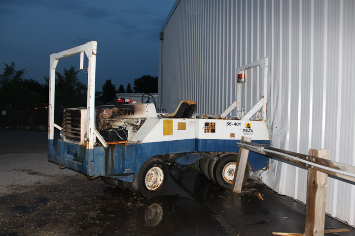 Damage is estimated at $75,000 after a stolen asphalt packer was driven into the side of a building in Saskatoon.