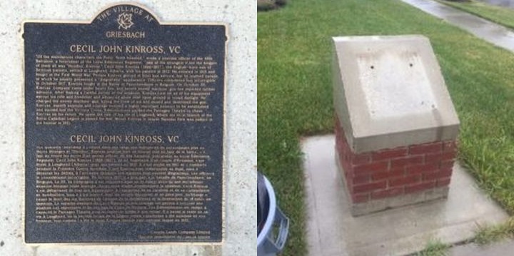 More than 15 metal plaques honouring Canadian soldiers were forcibly removed and stolen from Edmonton's Griesbach community between July 23 and July 24, 2017.