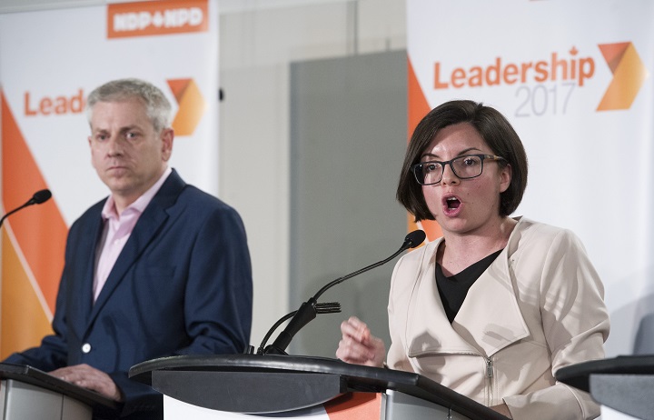 In this file photo, NDP leadership candidates Charlie Angus, left, and Niki Ashton particpate in a leadership debate in Montreal, Sunday, March 26, 2017. 