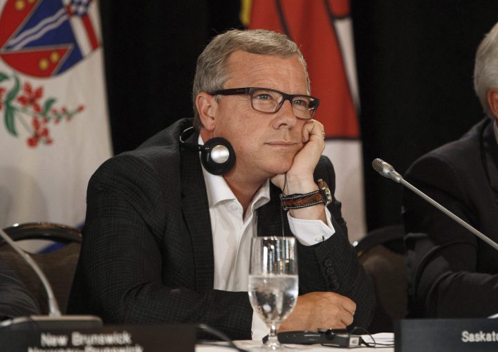 Saskatchewan Premier Brad Wall takes part in the final press conference during the Council of Federation meetings in Edmonton Alta, on Wednesday July 19, 2017.  Wall says he is retiring from politics after a decade as premier of Saskatchewan.