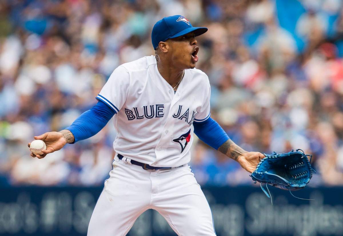 Toronto Blue Jays starting pitcher Marcus Stroman (6) reacts after being ejected from the game against the Oakland Athletics during fifth inning American League MLB baseball action in Toronto on Thursday, July 27, 2017. THE CANADIAN PRESS/Mark Blinch.