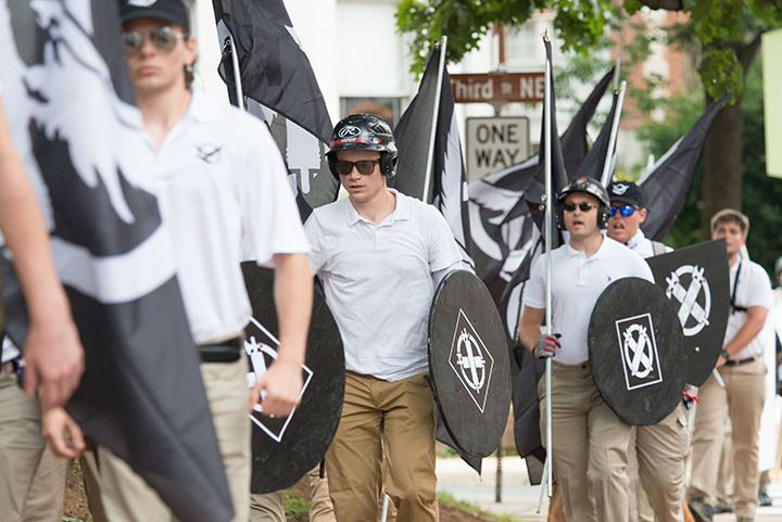 Neo-Nazis, white supremacists and other alt-right factions scuffled with counter-demonstrators near Emancipation Park in downtown Charlottesville, Virginia.