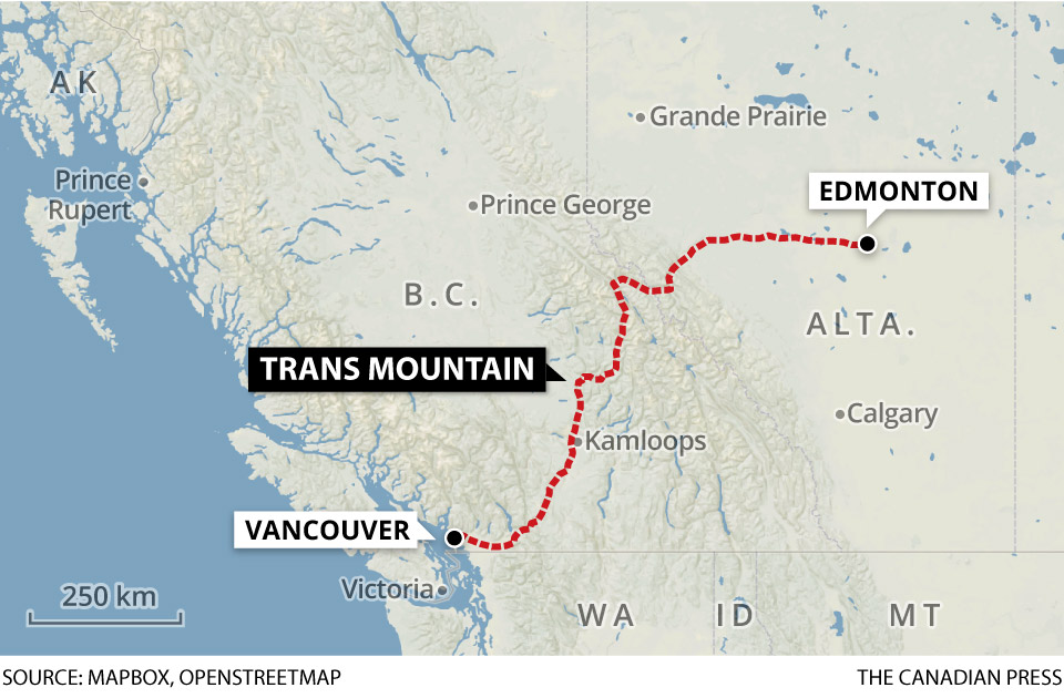 The Trans Mountain pipeline route.
