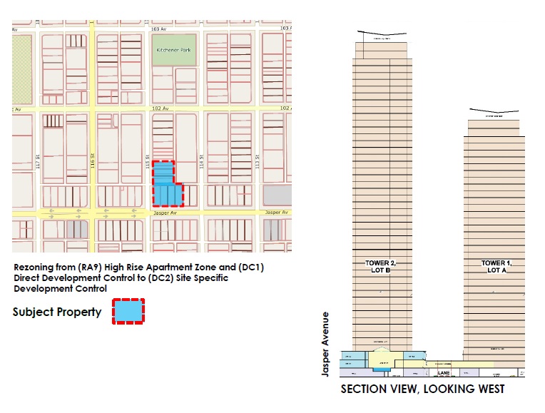 A rendering of a proposed two tower site at Jasper Avenue and 115 Street in Edmonton.