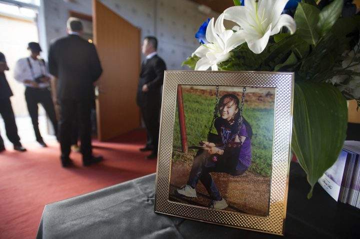 Mourners at the funeral service for 13-year-old Marrisa Shen at Mountain View cemetery in Vancouver, B.C. on Fri. July 28, 2017.