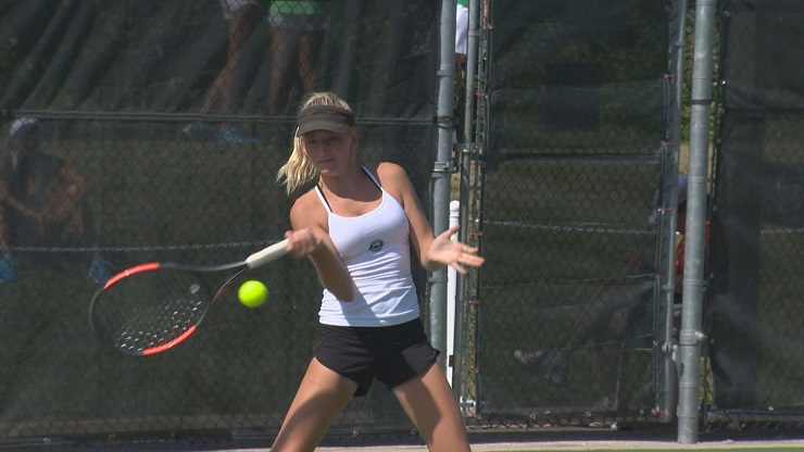 Manitoba's Reece Carter competes in tennis during the Canada Summer Games at the Winnipeg Lawn Tennis Club.