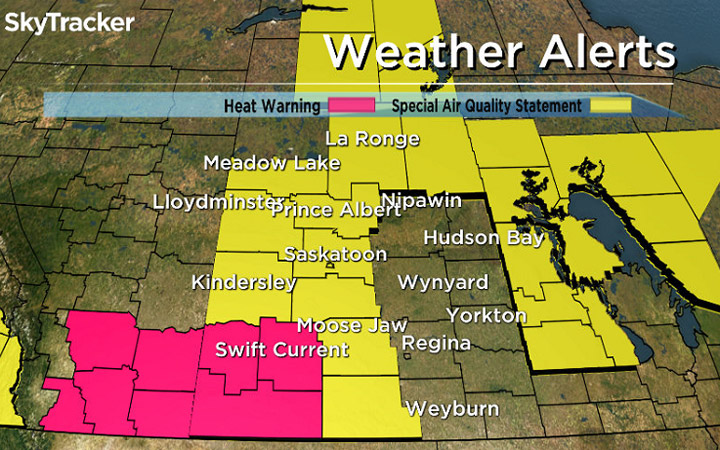 Much of Saskatchewan under a special air quality statement; heat warning for southwest corner of province.