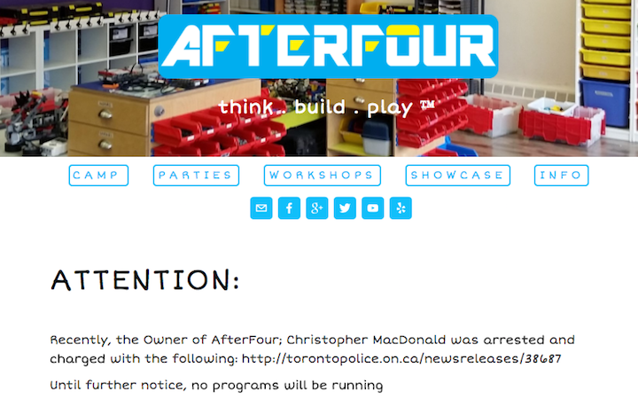 A screenshot captured Friday morning of the AfterFour website. A brief statement at the top of the website references the statement Toronto police issued on charges laid against Christopher MacDonald.