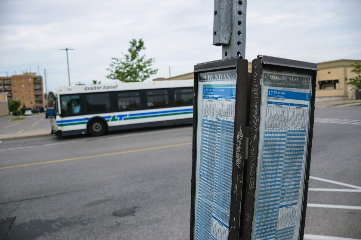 A London Transit schedule and bus at the Argyle Plaza bus terminal on July 19, 2017.