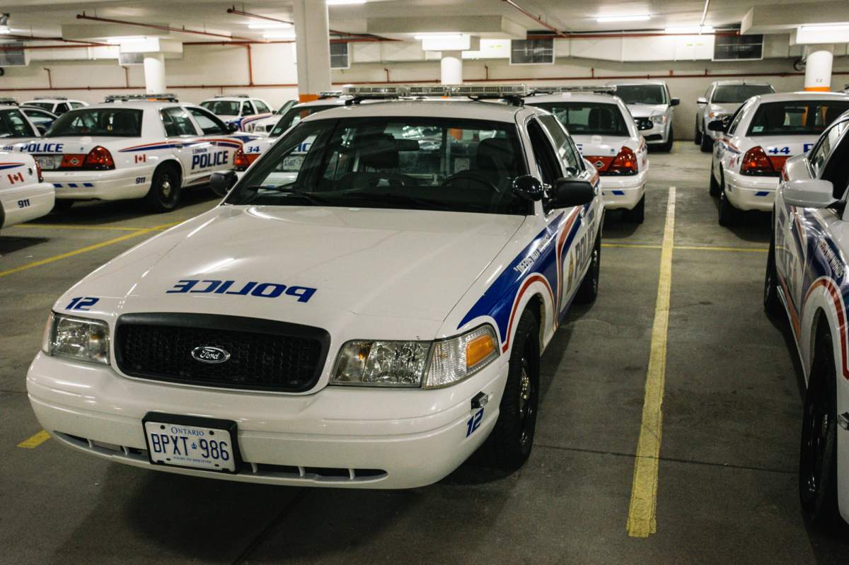 London police vehicles in police parking garage, Sept. 6, 2017. (Matthew Trevithick/AM980).