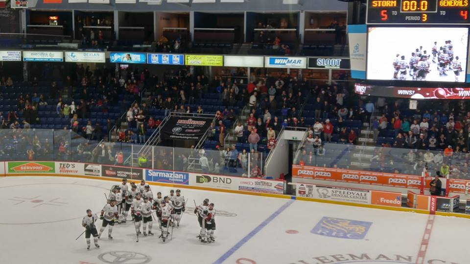 Storm Celebrate on Sleeman Centre Ice as they take their first win of the season over the Oshawa Generals.