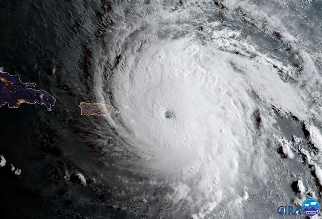 In this geocolor image captured by GOES-16 and released by the National Oceanic and Atmospheric Administration (NOAA), Hurricane Irma approaches Anguilla on Wednesday, Sept. 6, 2017. 