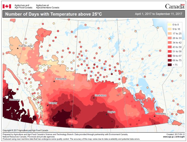 It has been hot and dry in southern Alberta since April 2017. This map outlines the number of days above 25 C.