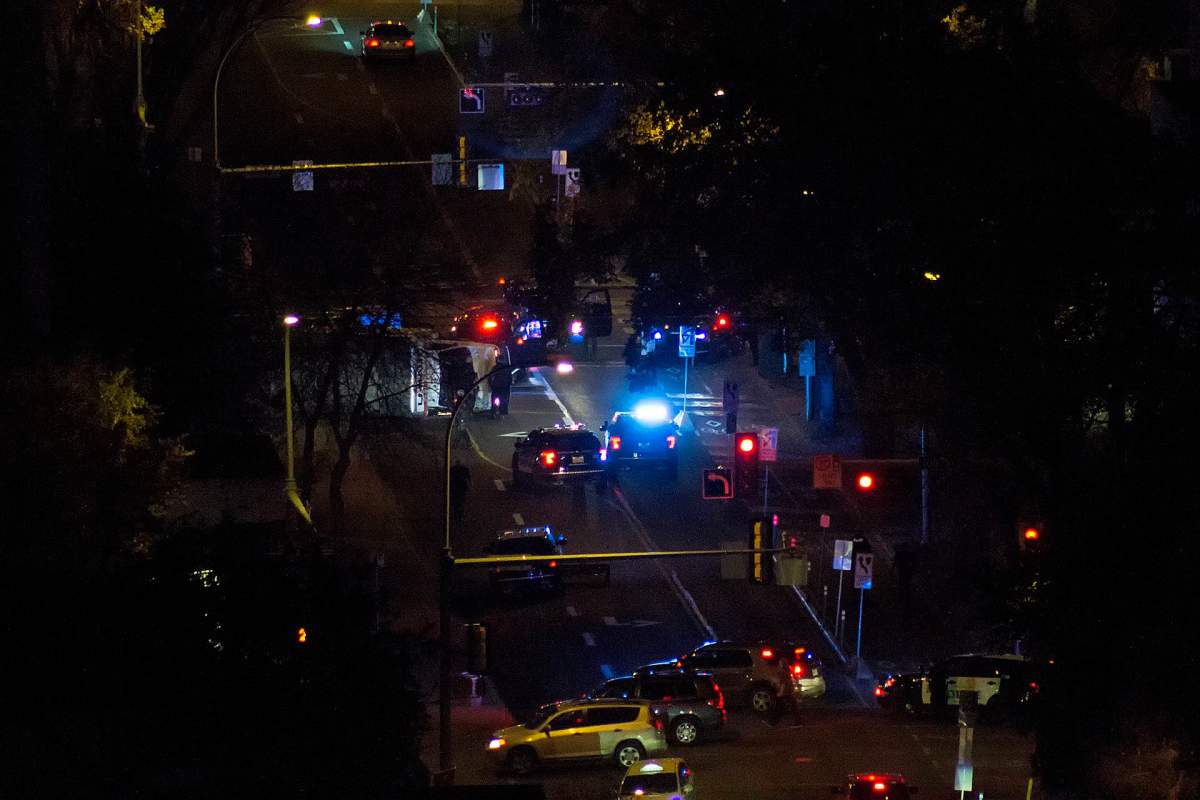 A U-Haul truck ended up on its side on 100 Avenue near 107 Street after driving through downtown Edmonton on Saturday, September 30, 2017.