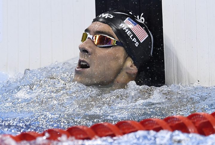 USA’s Michael Phelps reacts after competing in the Men’s 4x100m Freestyle Relay Final during the swimming event at the Rio 2016 Olympic Games at the Olympic Aquatics Stadium in Rio de Janeiro on August 7, 2016.