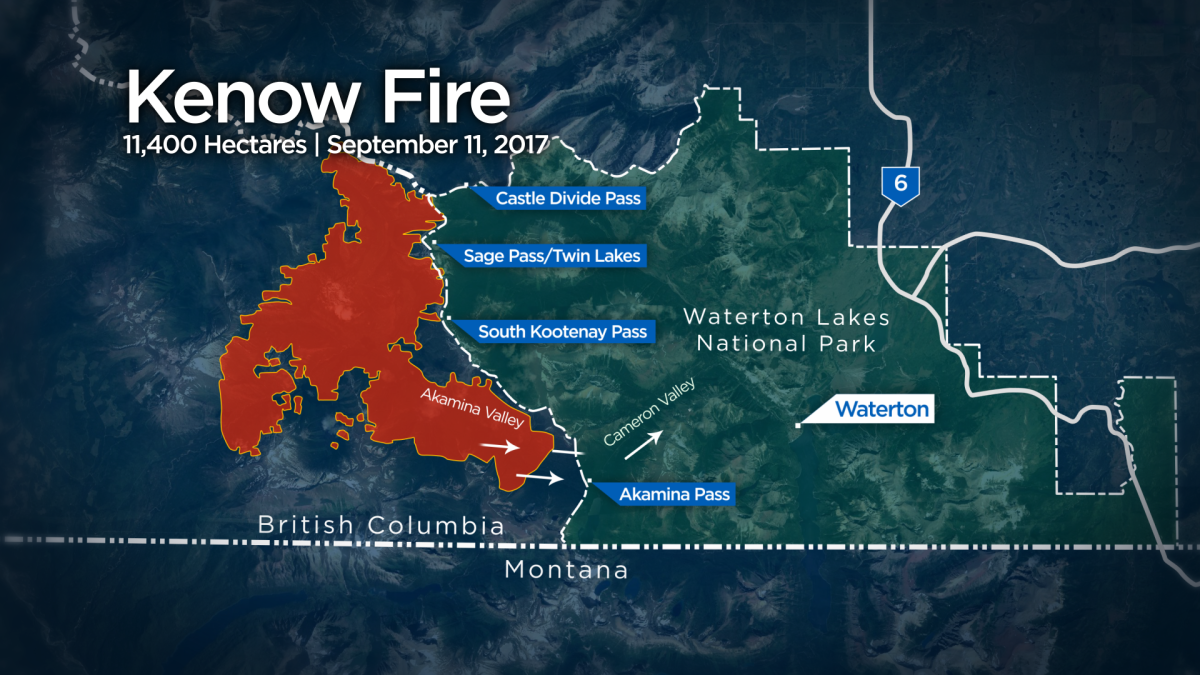 The Kenow Mountain wildfire is crossed into Waterton Lakes National Park on Monday afternoon.