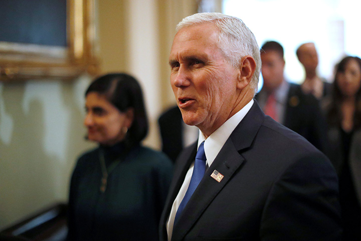 U.S. ‪Vice President Mike Pence‬ departs after meeting with senators during the weekly Republican caucus policy luncheon at the U.S. Capitol in Washington, September 19, 2017. 