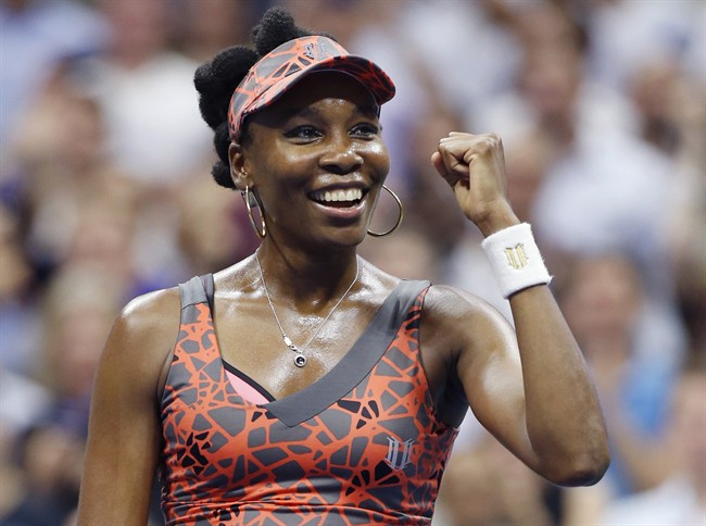 Venus Williams, of the United States, celebrates after defeating Petra Kvitova, of the Czech Republic, 6-3, 3-6, 7-6 (2) in a quarterfinal at the U.S. Open tennis tournament in New York, Tuesday, Sept. 5, 2017.