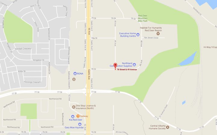 A map showing part of Red Deer, Alta. The red marker indicates the area near where police have shut down part of a road to investigate an “unknown substance” that may have been found in a pickup truck.