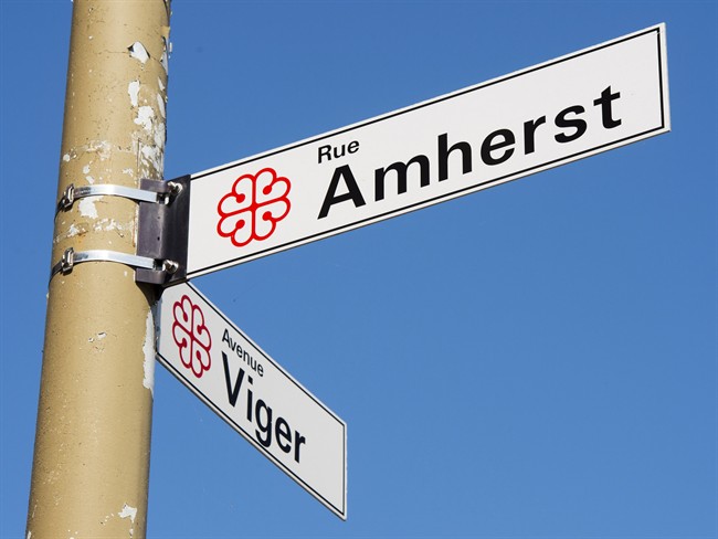 The sign for Amherst street is seen Wednesday, September 13, 2017 in Montreal. Amherst Street is named after the British general who supported giving smallpox-laced blankets to the Indigenous people living here in the 1700s.