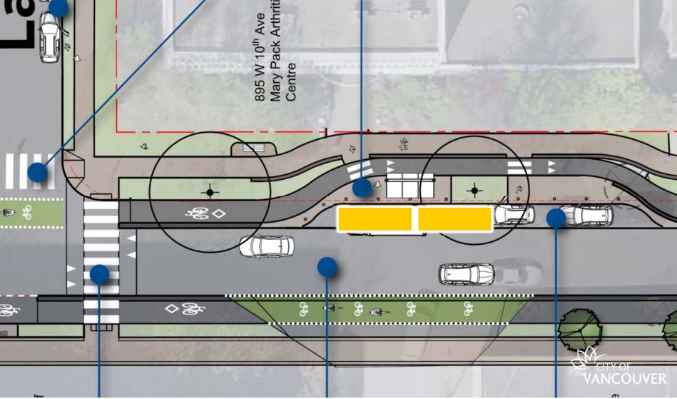 An overhead view of the new street layout being implemented along 10th Avenue.