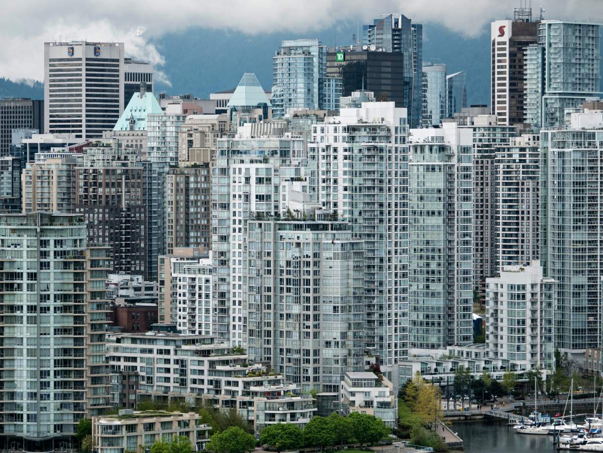 A high angle view of high-rise condominium towers crowded together on the North shore of downtown Vancouver's False Creek in Vancouver, B.C. on Friday, May 5, 2017. 